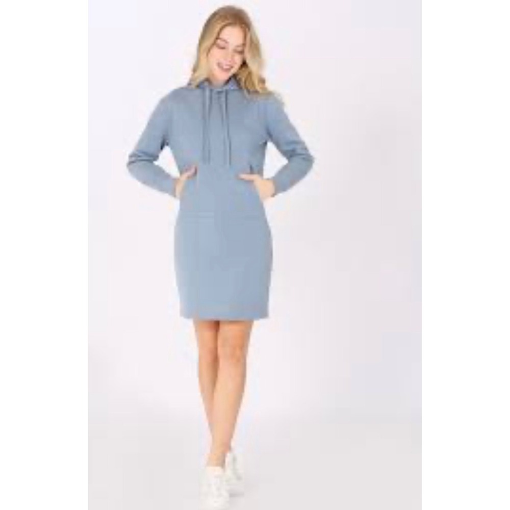 Rosio Women Blue Fleece Lined Hoodie Dress Long Sleeve Kangaroo Pocket L FO2715